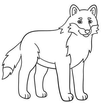 Coloring pages. Cute beautiful wolf smiles.