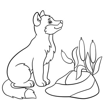 Coloring pages. Little cute baby wolf smiles.