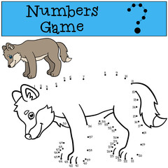 Educational game: Numbers game. Little cute baby wolf stands.