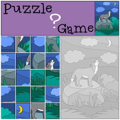 Education game: Puzzle. Cute beautiful wolf howling at the moon.