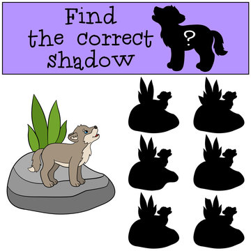 Educational game: Find the correct shadow. Little baby wolf howl