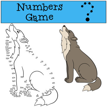 Educational game: Numbers game. Cute beautiful wolf howls.