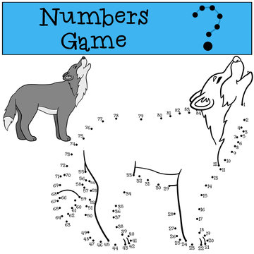 Educational game: Numbers game. Cute beautiful wolf howls.