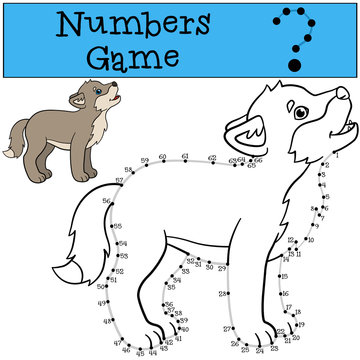 Educational game: Numbers game with contour. Little baby wolf ho