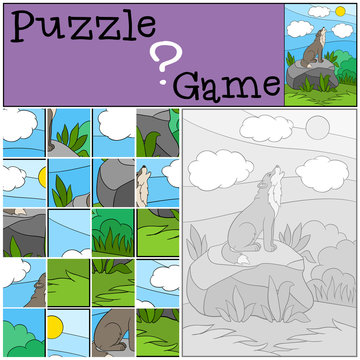 Education game: Puzzle. Cute beautiful wolf howling.