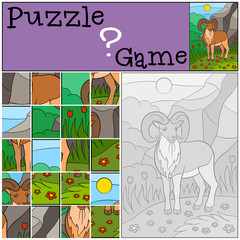 Education game: Puzzle. Cute beautiful urial with great horns.
