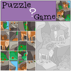 Education game: Puzzle. Two beautiful urials stand on the mounta