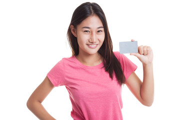 Young Asian woman smile with a blank card