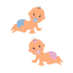 Toddlers in diapers learn to walk on all fours. Boy and girl plays on the floor. Cartoon baby...
