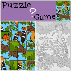Education game: Puzzle. Two cute beautiful hoopoes.