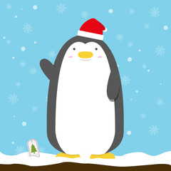 cute big fat penguin wear christmas hat standing on snow flake blue background