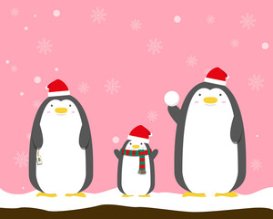 cute big fat penguin family wear christmas hat on snow flake pink background