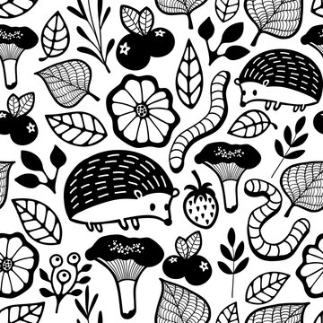 Seamless pattern with small forest animals and insect.