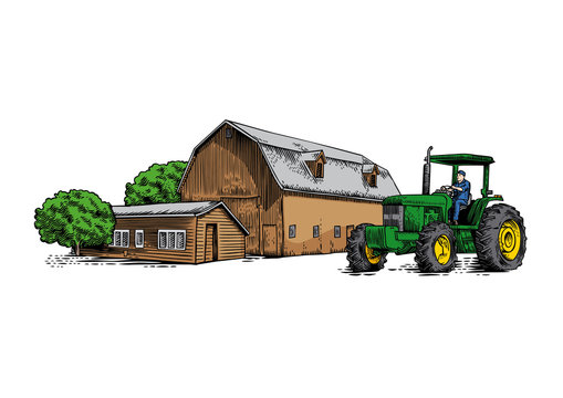 Farm building and tractor