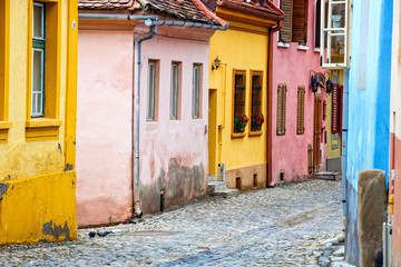 Fototapeta na wymiar Medieval street view in Sighisoara, Romania