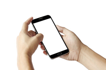 hand holding black phone isolated on white clipping path inside