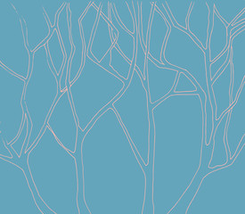 Tree forest line art pattern illustration pink on blue background