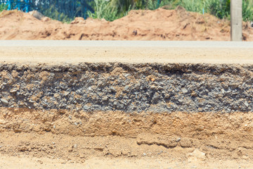 Cross section of asphalt road with blue sky background.