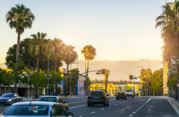 scenic view on the road in downtown Los Angeles at sunset,California.