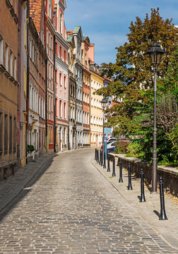 Wroclaw city old cobblestone street called dog kennels (psie budy) in the old town. Poland