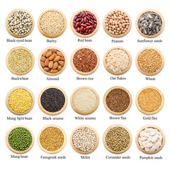 Dried grains, peas and rice collection with titles.
