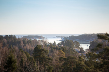 Finland, Helsinki, late autumn. Baltic sea, bay. Still water of the gulf, islands with forests. Low winter sun, dusk, pine trees on rock.  Scenic peaceful Finnish landscape.