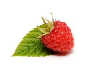 Raspberry with leaf isolated on white background