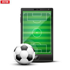 Smartphone with soccer football ball and field on the screen. Sports theme and applications. Vector illustration Isolated on white background.