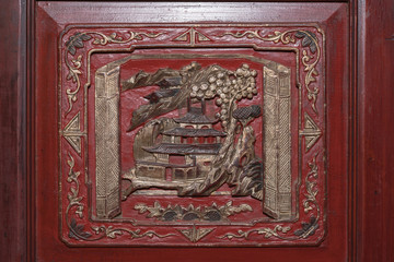 Wood Carved On Red Wall Chinese style