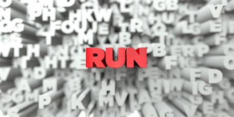 RUN -  Red text on typography background - 3D rendered royalty free stock image. This image can be used for an online website banner ad or a print postcard.