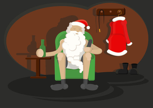Character Santa Claus on chair with bottle of beer in one hand and TV remote in other.