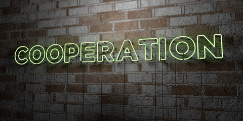 COOPERATION - Glowing Neon Sign on stonework wall - 3D rendered royalty free stock illustration.  Can be used for online banner ads and direct mailers..