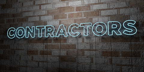 CONTRACTORS - Glowing Neon Sign on stonework wall - 3D rendered royalty free stock illustration.  Can be used for online banner ads and direct mailers..