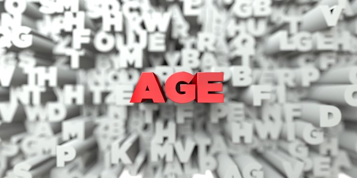 AGE -  Red text on typography background - 3D rendered royalty free stock image. This image can be used for an online website banner ad or a print postcard.