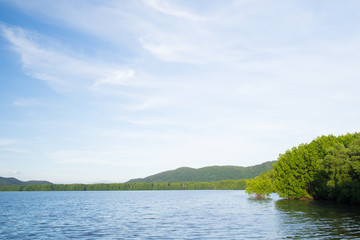 Landscape view with deep blue sky. Light from the right. Contrast on water wave.