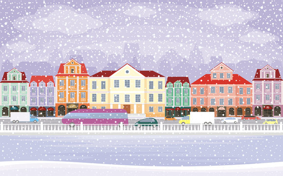 The image of a winter city. Snow-covered streets with small old houses. Vector illustration