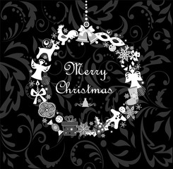 Black and white greeting postcard with funny xmas hanging wreath