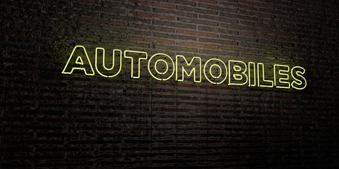 AUTOMOBILES -Realistic Neon Sign on Brick Wall background - 3D rendered royalty free stock image. Can be used for online banner ads and direct mailers..
