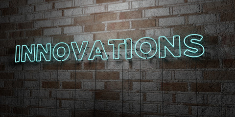 Fototapeta na wymiar INNOVATIONS - Glowing Neon Sign on stonework wall - 3D rendered royalty free stock illustration. Can be used for online banner ads and direct mailers..