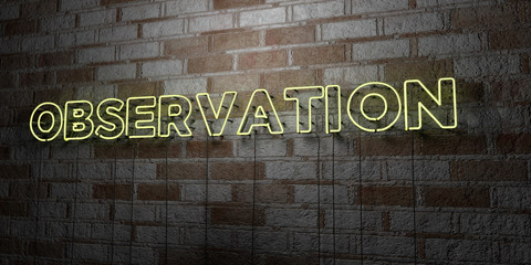 OBSERVATION - Glowing Neon Sign on stonework wall - 3D rendered royalty free stock illustration.  Can be used for online banner ads and direct mailers..
