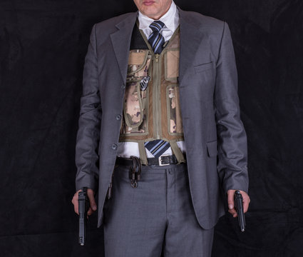 CIA agent, a studio portrait of a security guard, bodyguard, detective, mafia