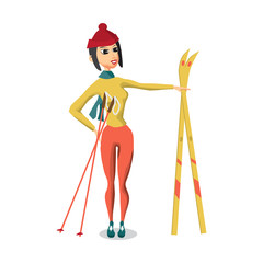 Pretty young woman standing with skis on isolated background. Fl
