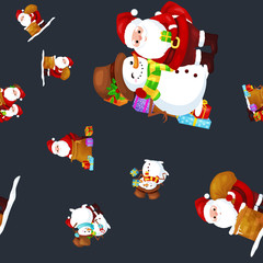 Merry Christmas and Happy New Year Friends Santa Claus in hat snowman in scarf celebrate xmas, snowfall from snowflakes vector illustration