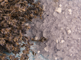 sea bath salt and lavender flowers