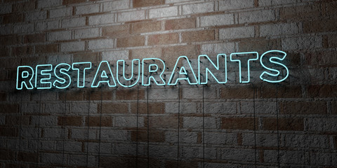 RESTAURANTS - Glowing Neon Sign on stonework wall - 3D rendered royalty free stock illustration.  Can be used for online banner ads and direct mailers..