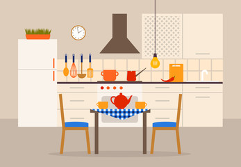 Vector illustration of the kitchen with dining table
