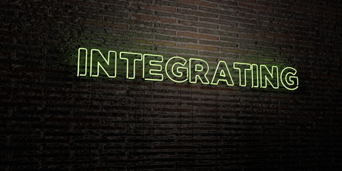 INTEGRATING -Realistic Neon Sign on Brick Wall background - 3D rendered royalty free stock image. Can be used for online banner ads and direct mailers..