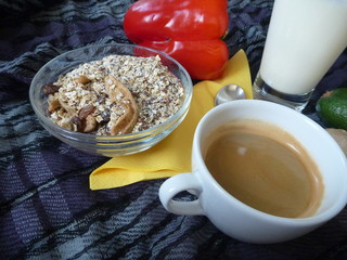 healthy rich breakfast with granola milk and coffee