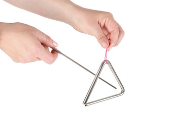 Metal triangle on white background, music instrument - 128957290