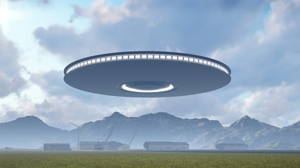 Fototapeta na wymiar 3d UFO over industrial zone, factory, manufacturing, warehouse